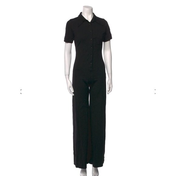 NWOT Suzi Kondi Black Corduroy Button-Up Jumpsuit Short Sleeve Collared Design - Picture 1 of 4
